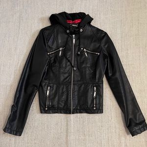 Vegan leather Moto jacket w/hood